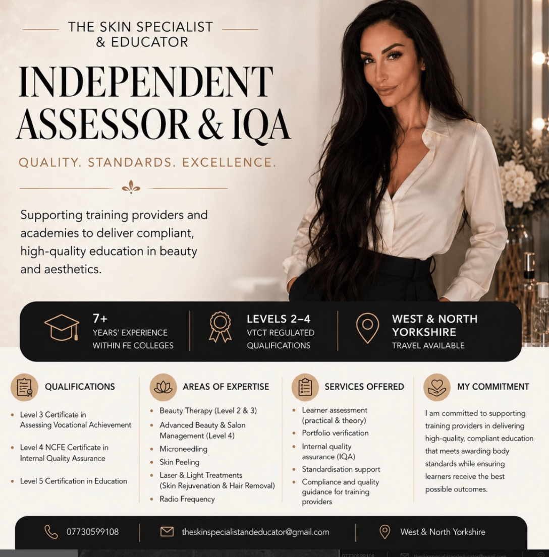 Advert for Caroline Botsaris, The Skin Specialist and Educator, independent assessor and IQA for beauty and aesthetics
