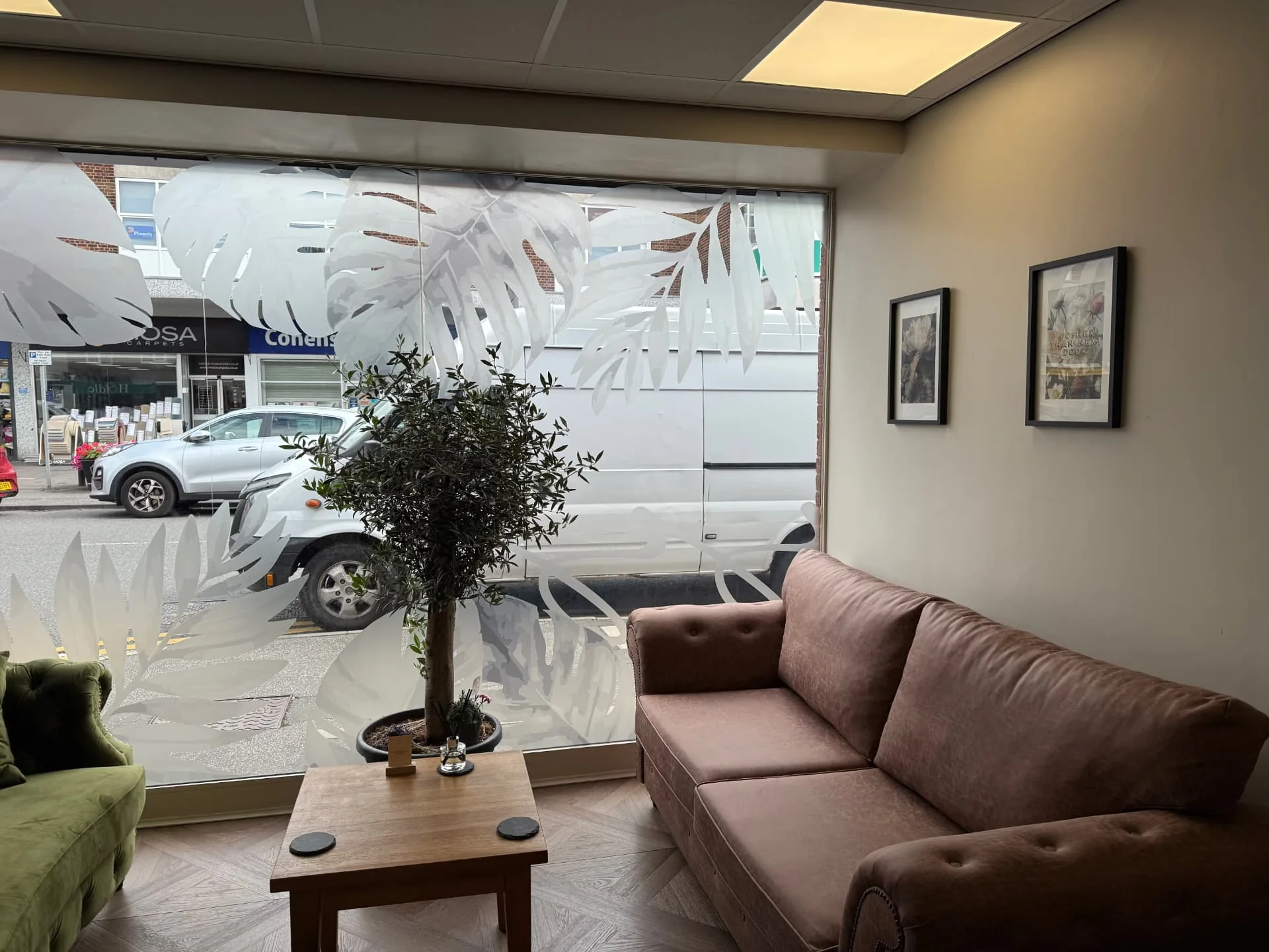 The reception at The Wellness Lounge Leeds, with a sofa and potted plants beside the large window