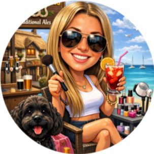 Illustrated portrait of Sophie, a beauty therapist, with make-up brushes and a small dog