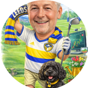 Illustrated portrait of Craig in a Leeds shirt with a golf club, a dog and financial charts