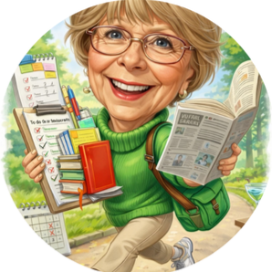 Illustrated portrait of Liz carrying files, checklists and paperwork