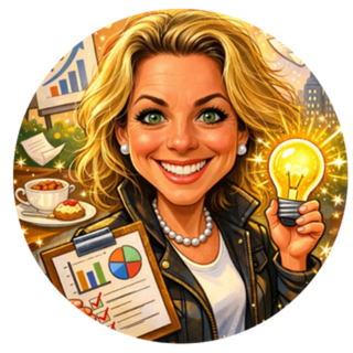 Illustrated portrait of Lucy holding a lightbulb, surrounded by marketing and business imagery